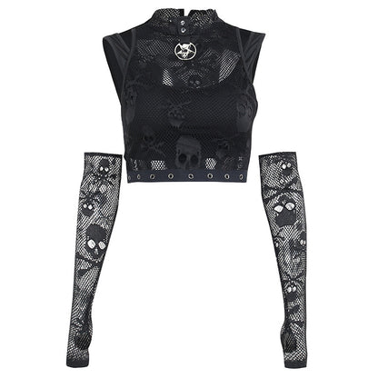 Mesh Skull Lace Crop Top & Arm Warmers Set