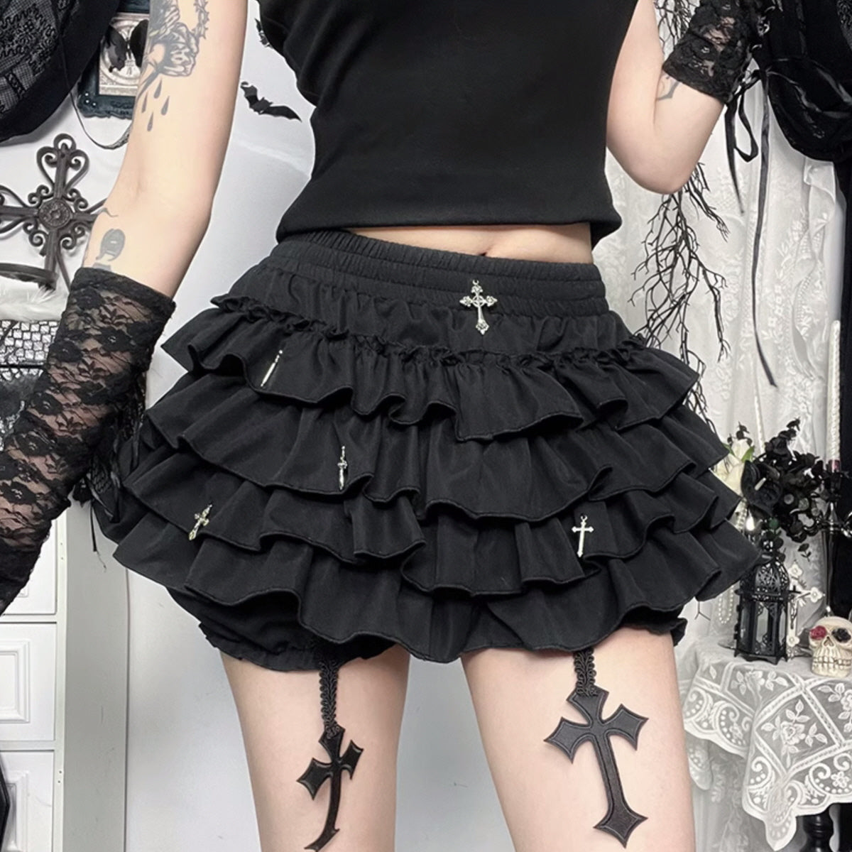 Black Ruffled Mini Skirt Shorts