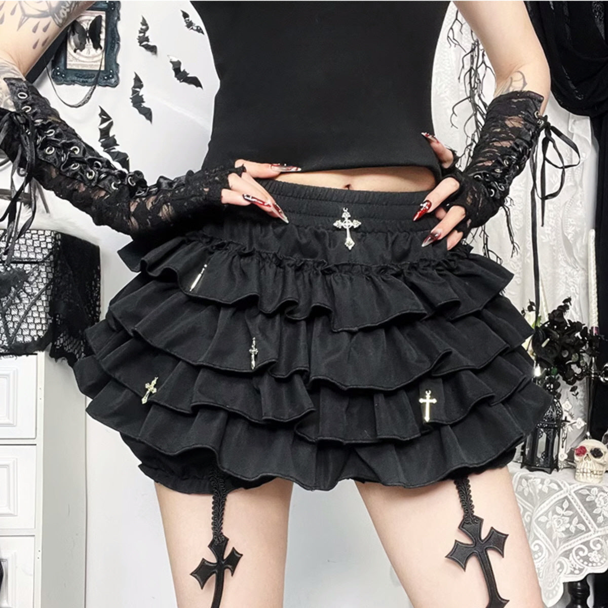 Black Ruffled Mini Skirt Shorts