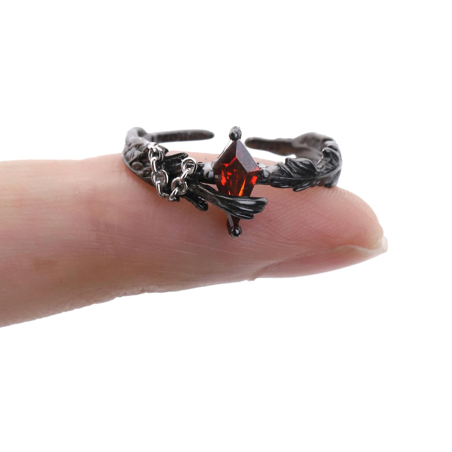 Feather Chain Open Ring with Crystal Gem