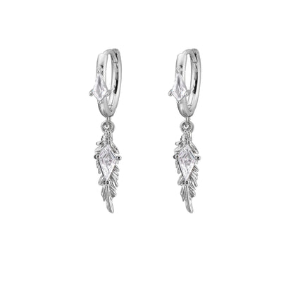 Diamond Charm Feather Drop Earrings