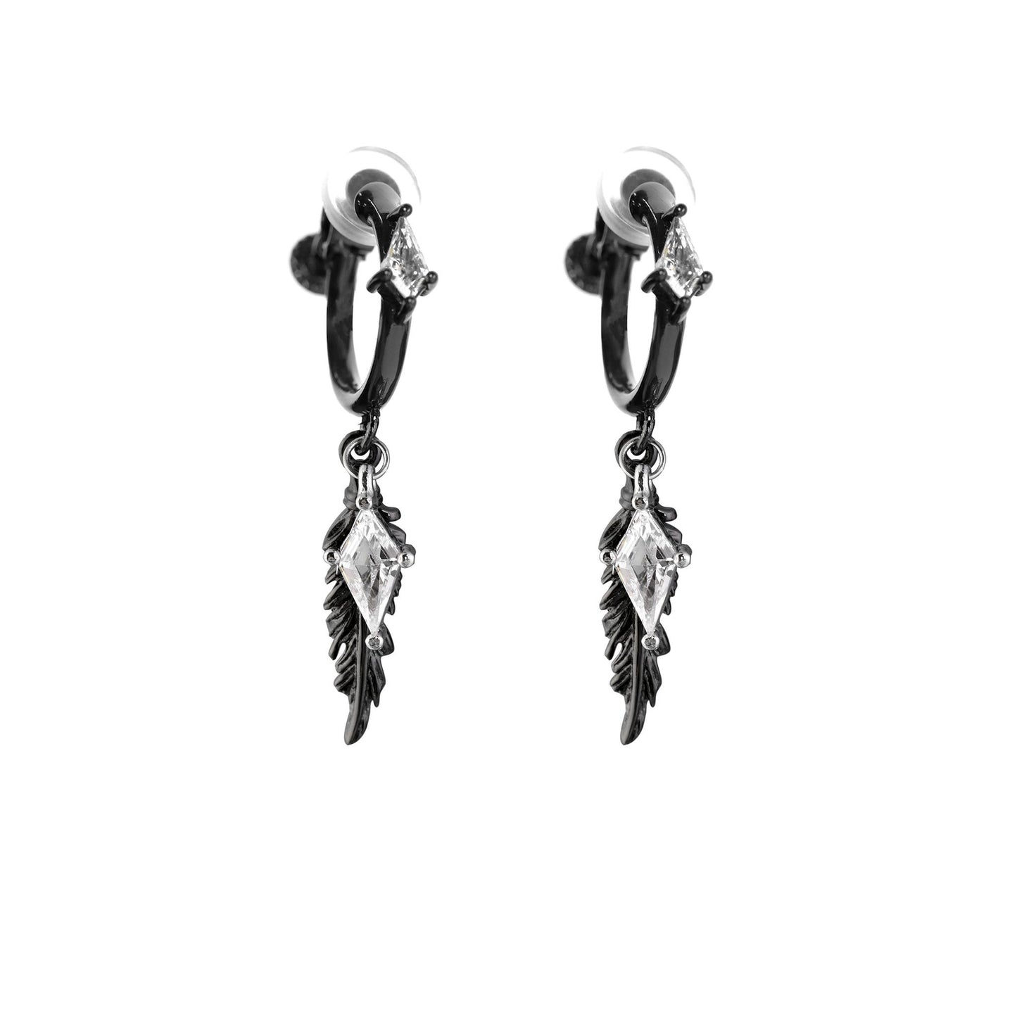 Diamond Charm Feather Drop Earrings